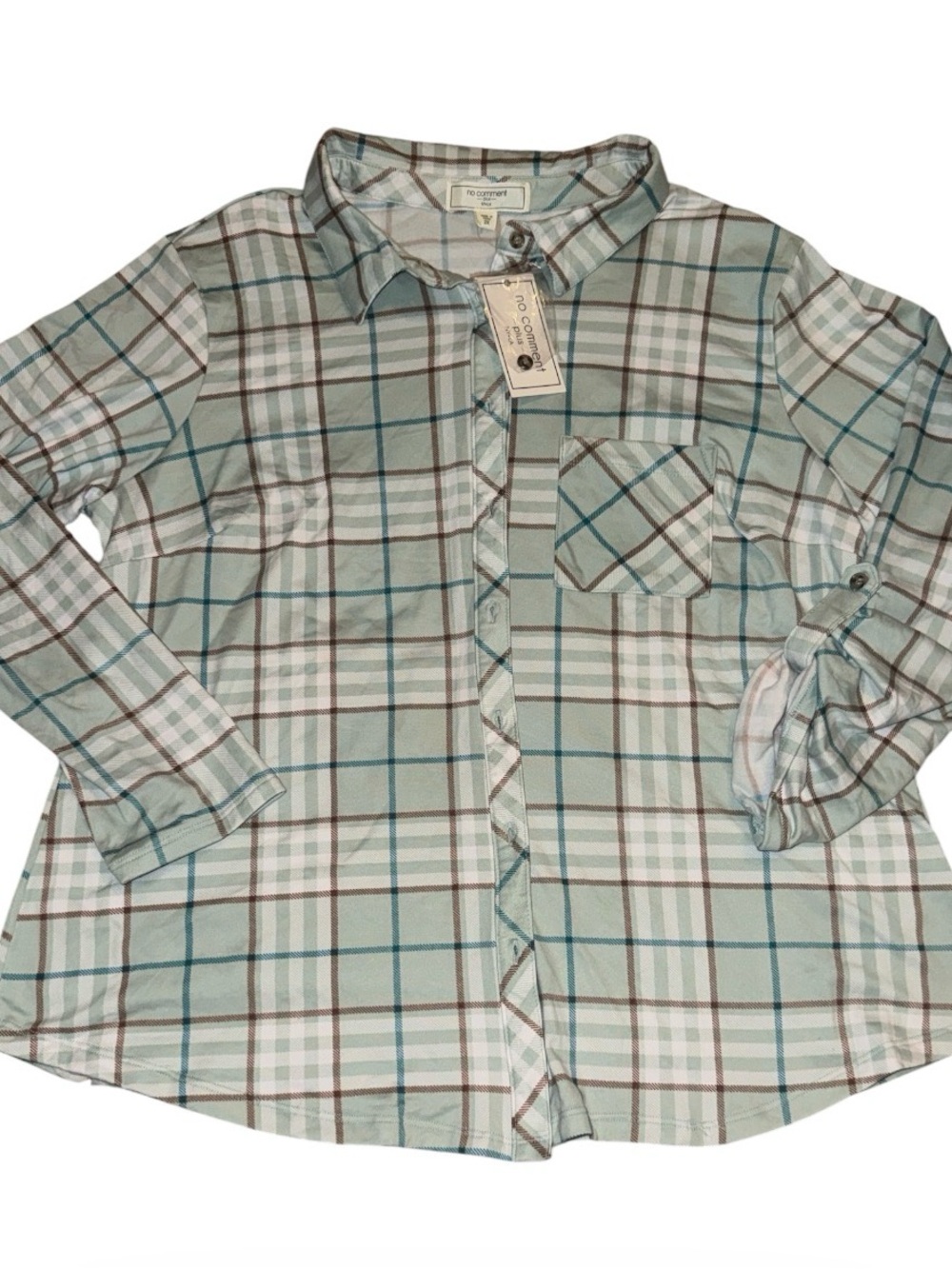 No Comment Plus Size Plaid Button Down Shirt- Tab Sleeves